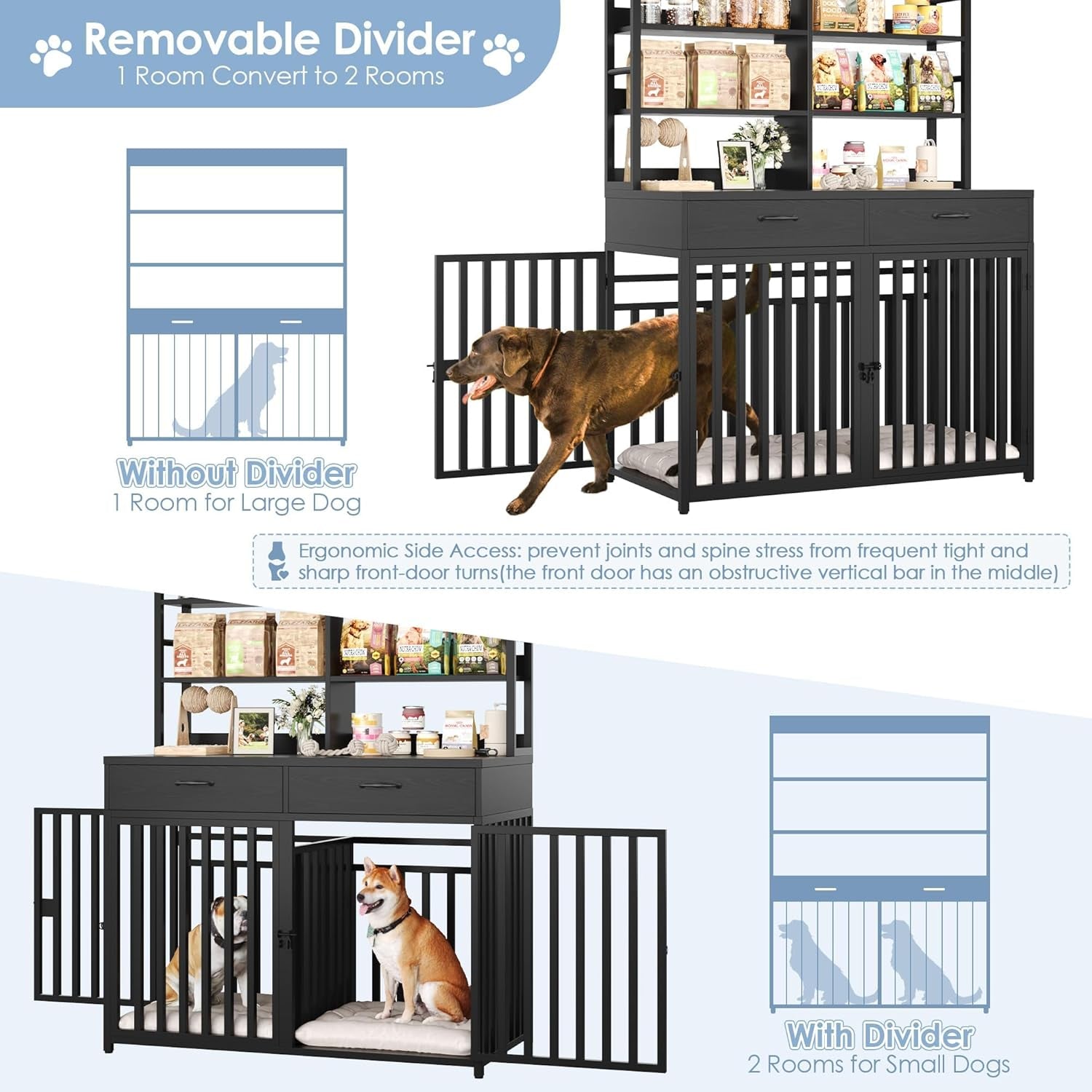 71''H X 47.2''W Large Dog Crate Furniture with 4-Tier Shelves and 2 Storage Drawers, Heavy Duty Dog Cage Furniture with 2 Doors, Wood & Metal Dog Kennel Indoor for Small/Medium/Large Dog, White