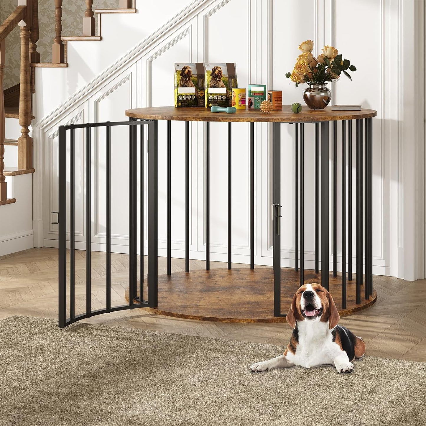 32 Inch Dog Crate Furniture for Large Medium Dogs, Wooden Dog Kennel Indoor Decorative Pet House Side End Table, round Dog Cage, Rustic Brown