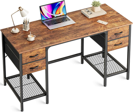 47 Inch Computer Desk with 4 Drawers, Office Desk with Mesh Shelf, Gaming Desk, Large Storage, Writing Work Desk for Home Office, Study, Bedroom, Work from Home, Rustic Brown