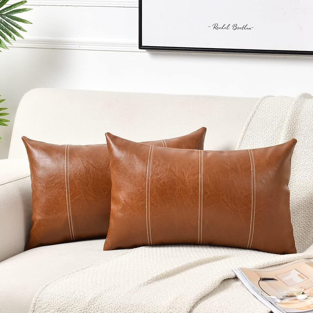 2 Packs Brown Boho Lumbar Faux Leather Decorative Throw Pillow Covers 12X20 Inch for Living Room Couch Bed Sofa, Hand Stitched Rectangle Cushion Case, Rustic Modern Farmhouse Home Decor