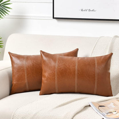2 Packs Brown Boho Lumbar Faux Leather Decorative Throw Pillow Covers 12X20 Inch for Living Room Couch Bed Sofa, Hand Stitched Rectangle Cushion Case, Rustic Modern Farmhouse Home Decor