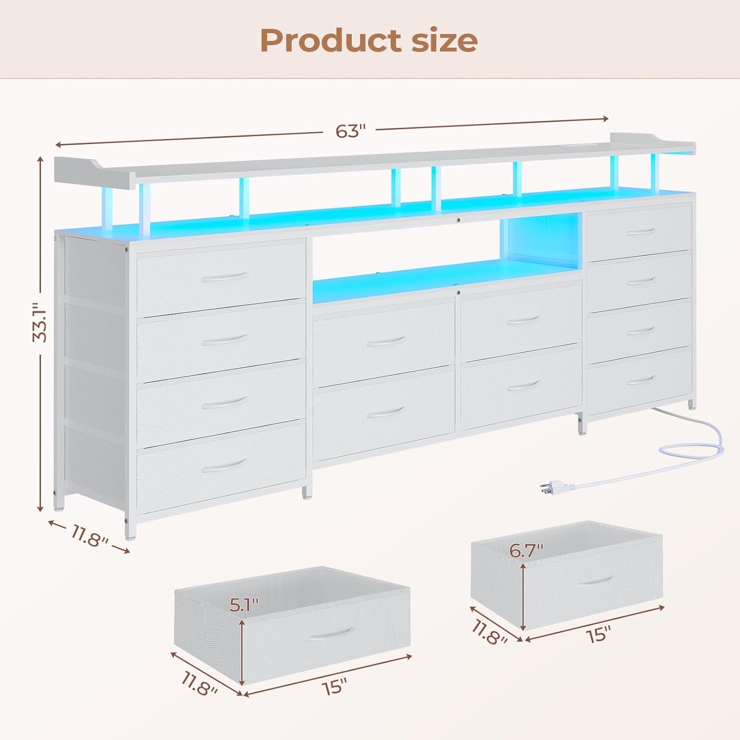 TV Stand Dresser for 65 Inch TV, 63" W Dresser with LED Lights & Charging Station, White Long Dresser with 12 Fabric Drawers, Entertainment Center with Shelves,For Living Room