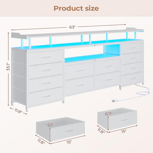 TV Stand Dresser for 65 Inch TV, 63" W Dresser with LED Lights & Charging Station, White Long Dresser with 12 Fabric Drawers, Entertainment Center with Shelves,For Living Room
