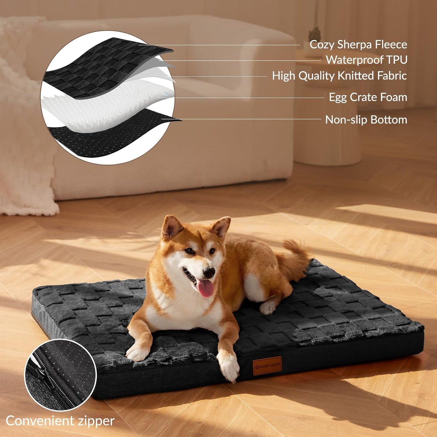 Orthopedic Dog Bed Large Sized Dog 36''X24'', Waterproof Soft Comfortable Egg Crate Foam Large Pet Beds Crate Mat with Removable Washable Cover and Nonskid Bottom, Black