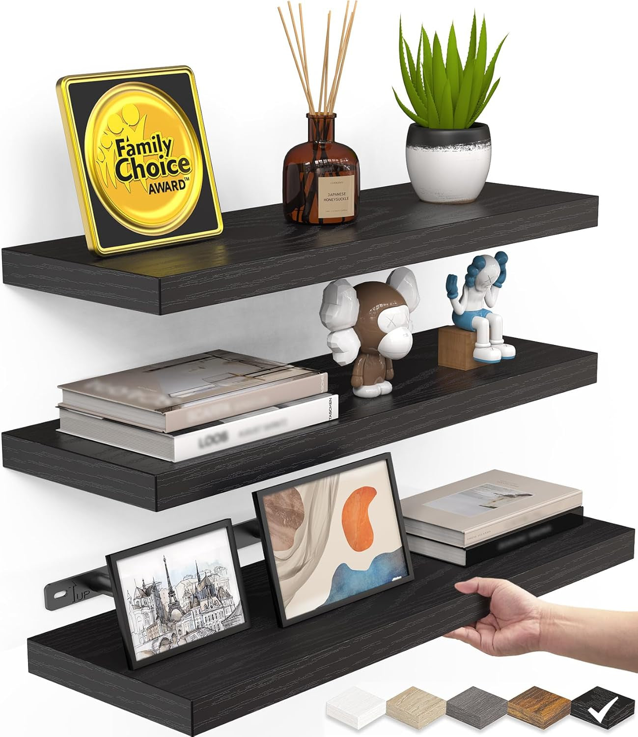 Floating Shelves for Wall, Wall Mounted Rustic Wood Shelves for Bathroom, Bedroom, Living Room, Kitchen, Hanging Shelf for Books/Storage/Room Decor with 22Lbs Capacity (Black, Set of 3, 15.7In)