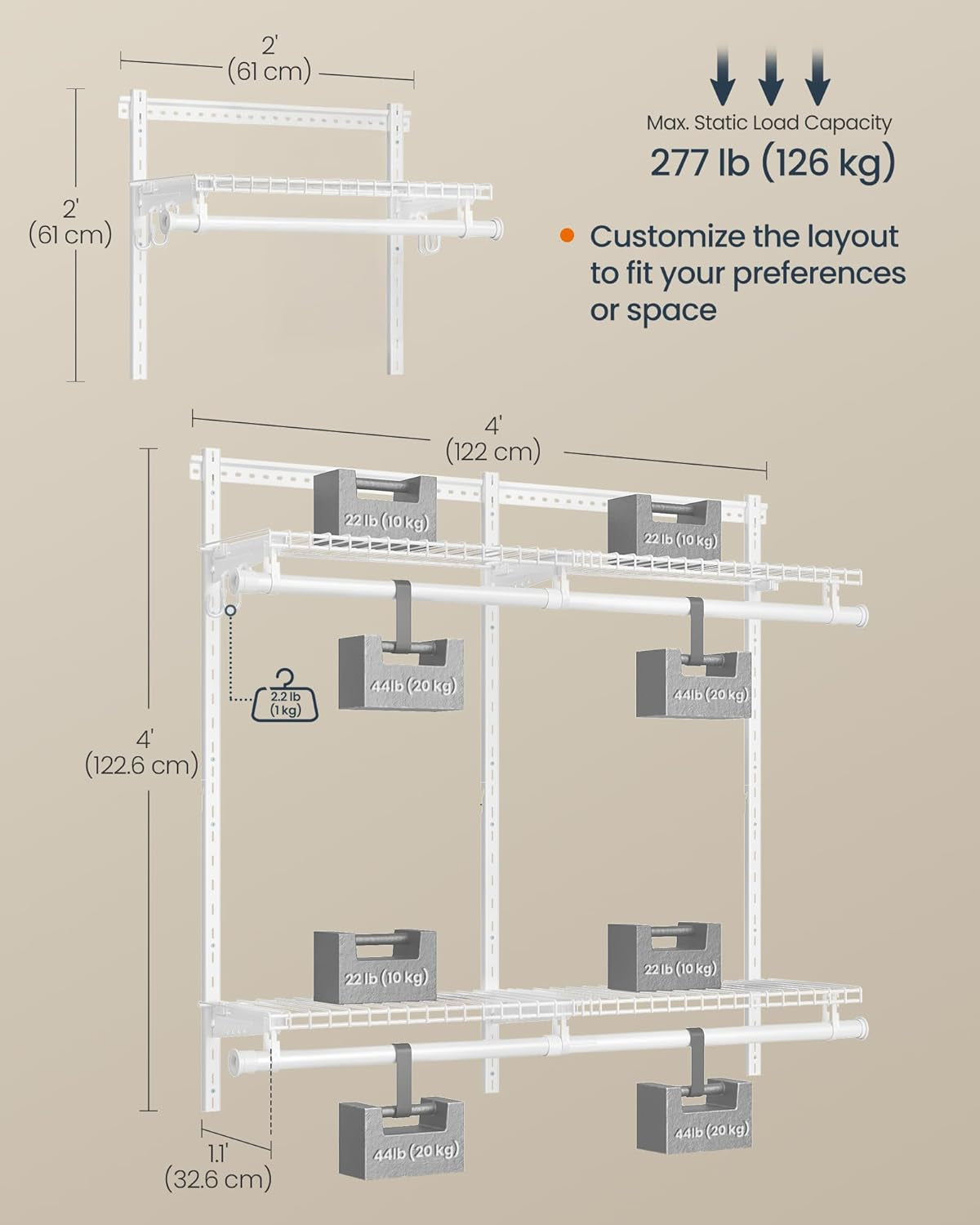 Closet System, Closet Insert Organizer, 4-6 Ft, Adjustable Metal Shelving Unit with 4 Hanging Rods, 4 Shelves, and Hooks, for Pantry Mudroom Garage Basement, Cloud White URGR031W01