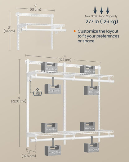 Closet System, Closet Insert Organizer, 4-6 Ft, Adjustable Metal Shelving Unit with 4 Hanging Rods, 4 Shelves, and Hooks, for Pantry Mudroom Garage Basement, Cloud White URGR031W01