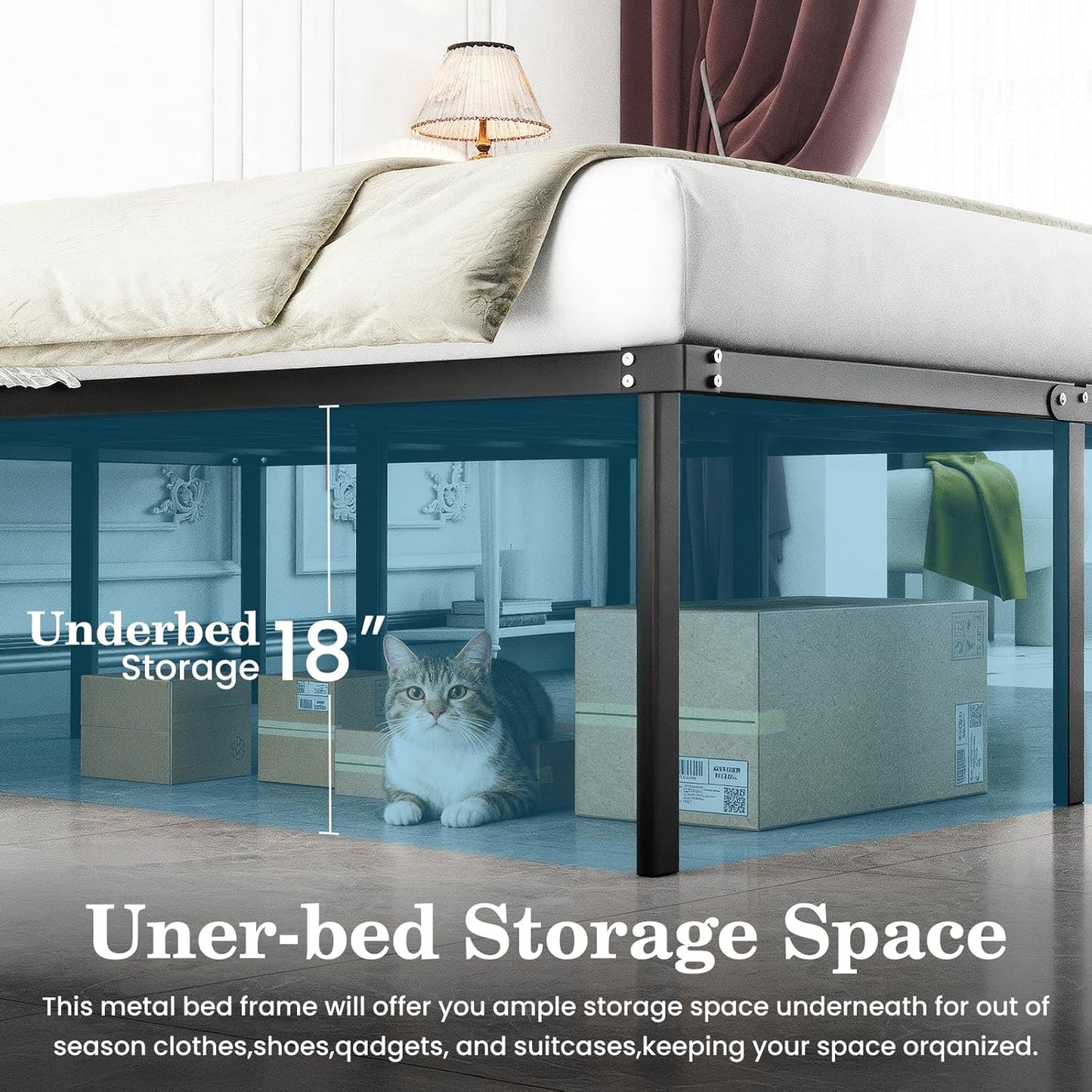 Queen Bed Frame Heavy Duty 18 Inch, Sturdy Metal Platform with Strong Bearing & under Bed Storage, No Box Spring Needed, Easy Assembly, No Shake