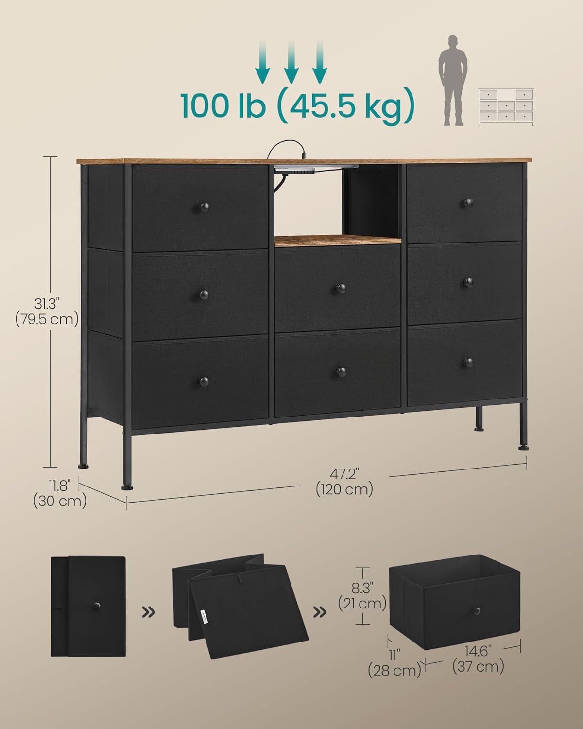 Dresser for Bedroom, Fabric Dresser with Power Outlets and LED Lights, TV Stand for up to 60 Inch Tvs, 25 Colors, 11.8 X 47.2 X 31.3 Inches, Ink Black and Rustic Brown ULTS518B01