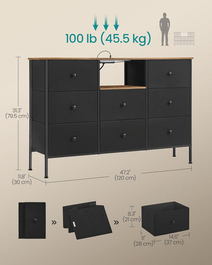 Dresser for Bedroom, Fabric Dresser with Power Outlets and LED Lights, TV Stand for up to 60 Inch Tvs, 25 Colors, 11.8 X 47.2 X 31.3 Inches, Ink Black and Rustic Brown ULTS518B01