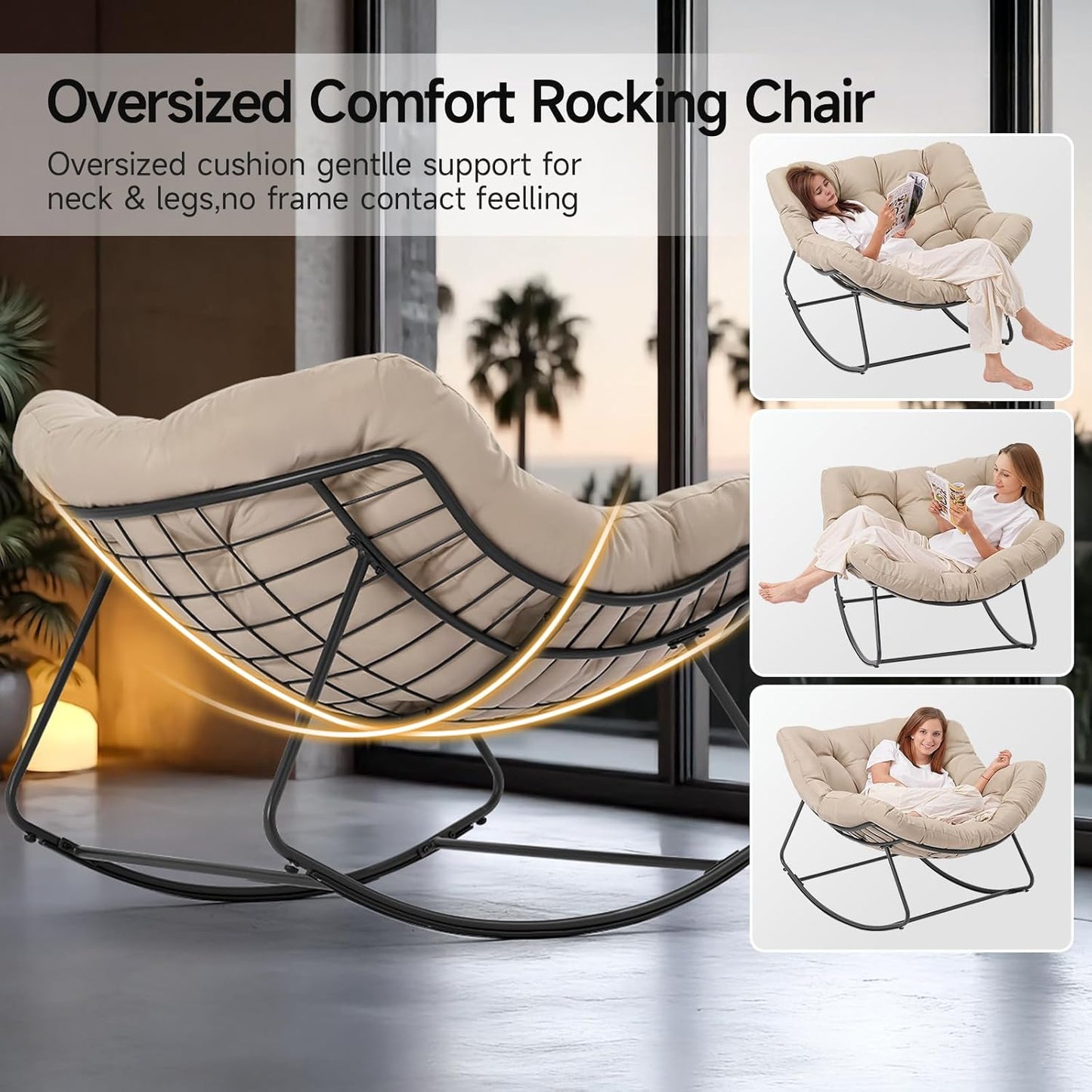 Indoor Rocking Papasan Chair, 450 Lbs Oversized Indoor Egg Comfy Chairs, Rocking Reading Chair with Thickened Cushion, Lounge Cozy Chairs for Bedroom Living Room, Beige