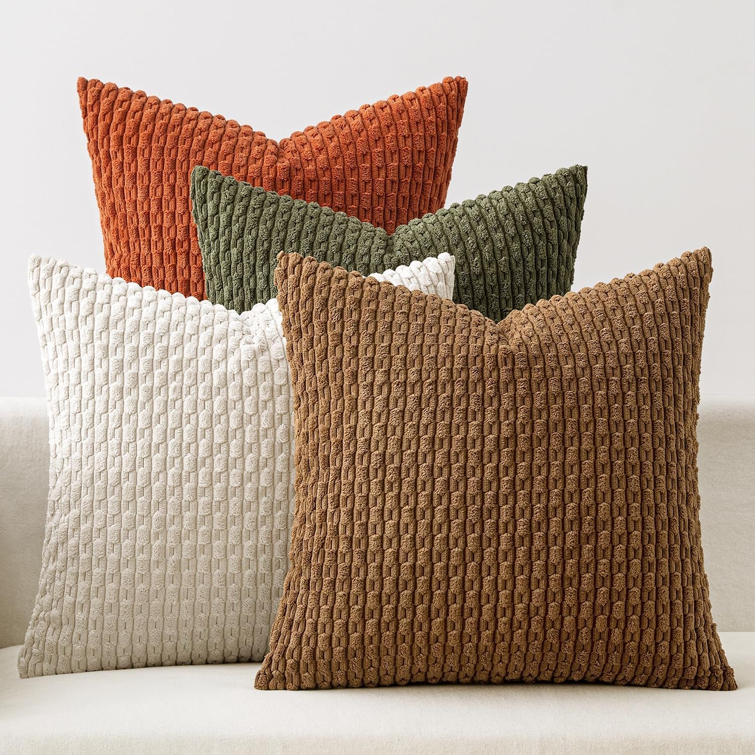 Fall Throw Pillow Covers Soft Couch Decorative Set of 4 Boho Striped Cushion Covers Corduroy Pillowcases Farmhouse Home Decor for Couch Bed Sofa Living Room 18X18 Inch Camel Green