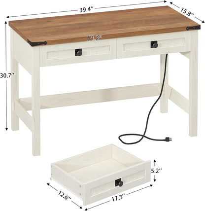 Farmhouse Computer Desk with 2 Drawers, 39 Inch Small Office Computer Desk with Power Outlets, Compact Writing Study Desk for Small Spaces, Antique White
