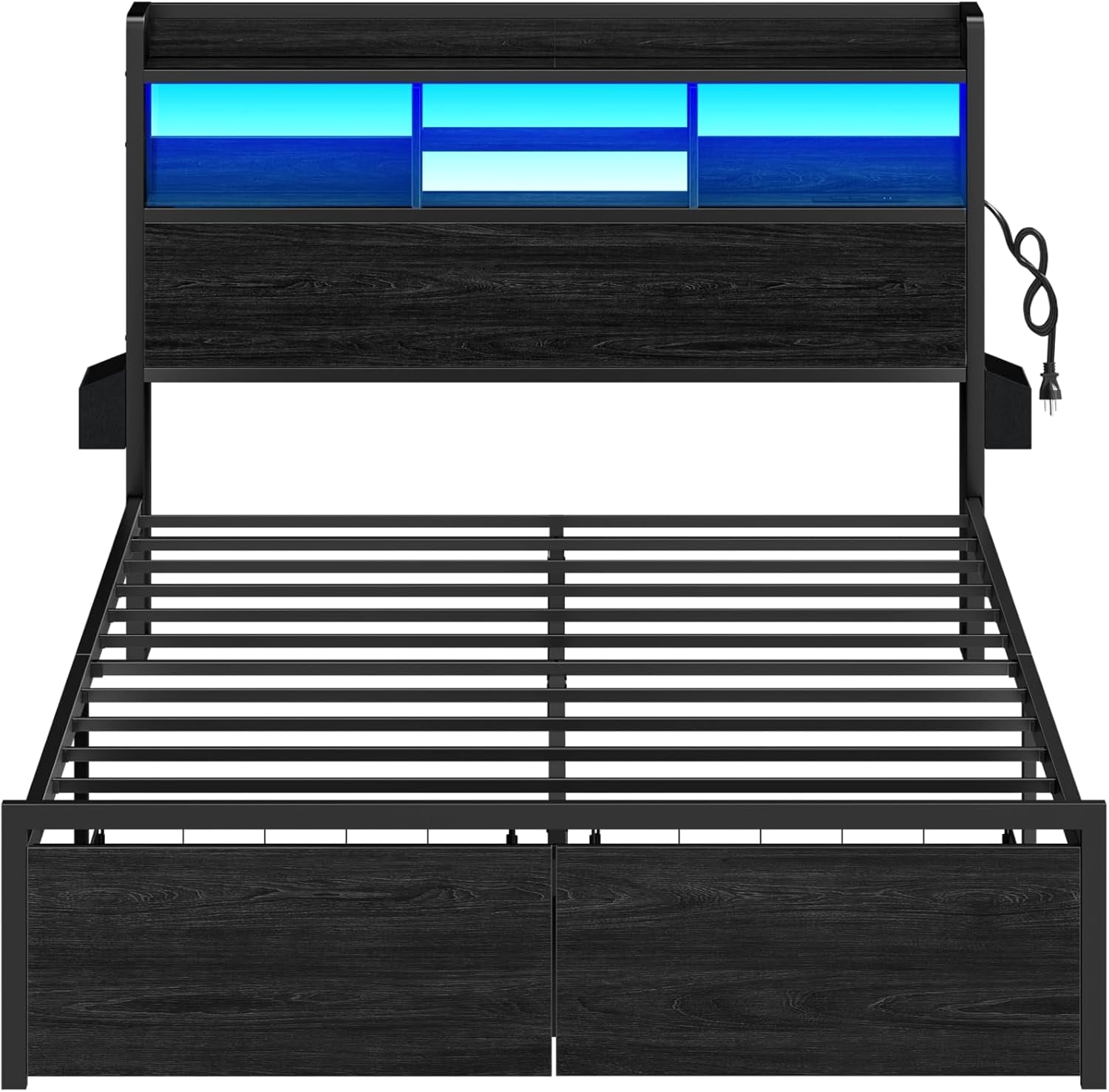 Full Size Bed Frame with Wood Headboard, Metal Platform Bed Frame Full Size with 2 Storage Drawers and Shelf, LED Lights and Charging Station, No Box Spring Needed, Noise Free, Black