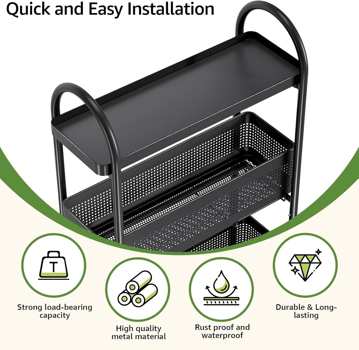 5-Tier Slim Storage Cart with Pull Out Basket, Rolling Bathroom Organizer Utility, Metal Shelving Unit Slide Out, Lockable Wheels, Easy Assembly for Narrow Place, Kitchen, Laundry Room, Black