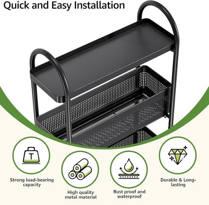 5-Tier Slim Storage Cart with Pull Out Basket, Rolling Bathroom Organizer Utility, Metal Shelving Unit Slide Out, Lockable Wheels, Easy Assembly for Narrow Place, Kitchen, Laundry Room, Black
