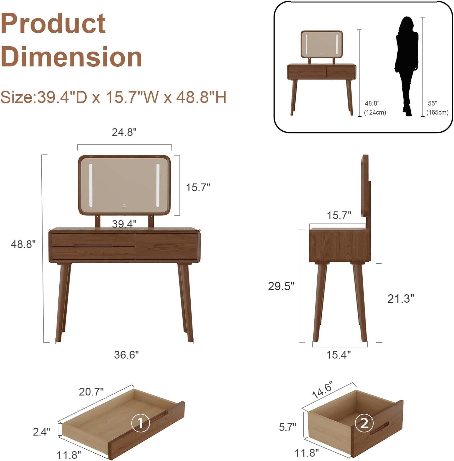 Solid Wood Vanity Desk with Mirror and Lights,Adjustable Height and Brightness, Makeup Vanity with 3 Drawers,Semi-Assembled,Dressing Table for Bedroom and Living Room (Walnut)