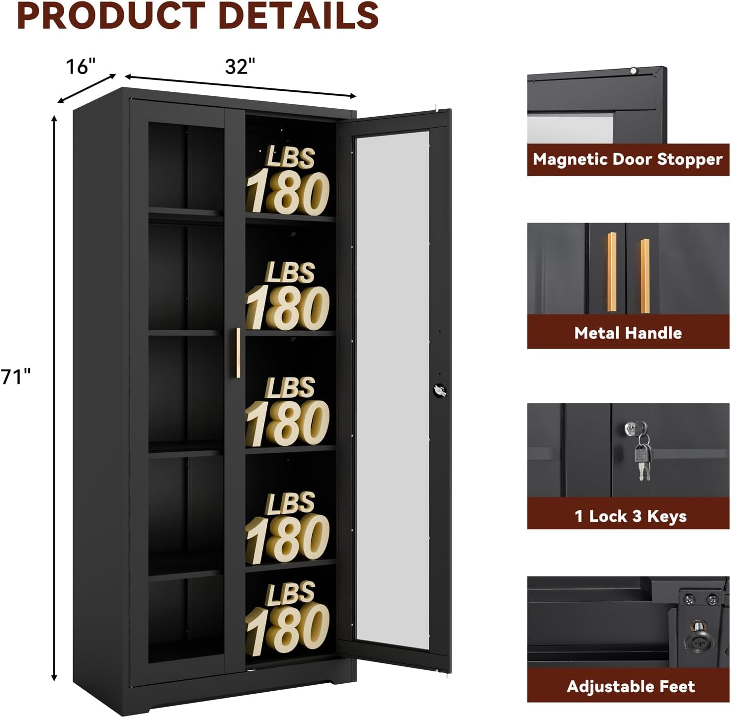 71" Metal Display Cabinet with Glass Doors, Locking Curio Cabinets with 4 Adjustable Shelves, Glass Display Case for Collectibles, Metal Storage Cabinet