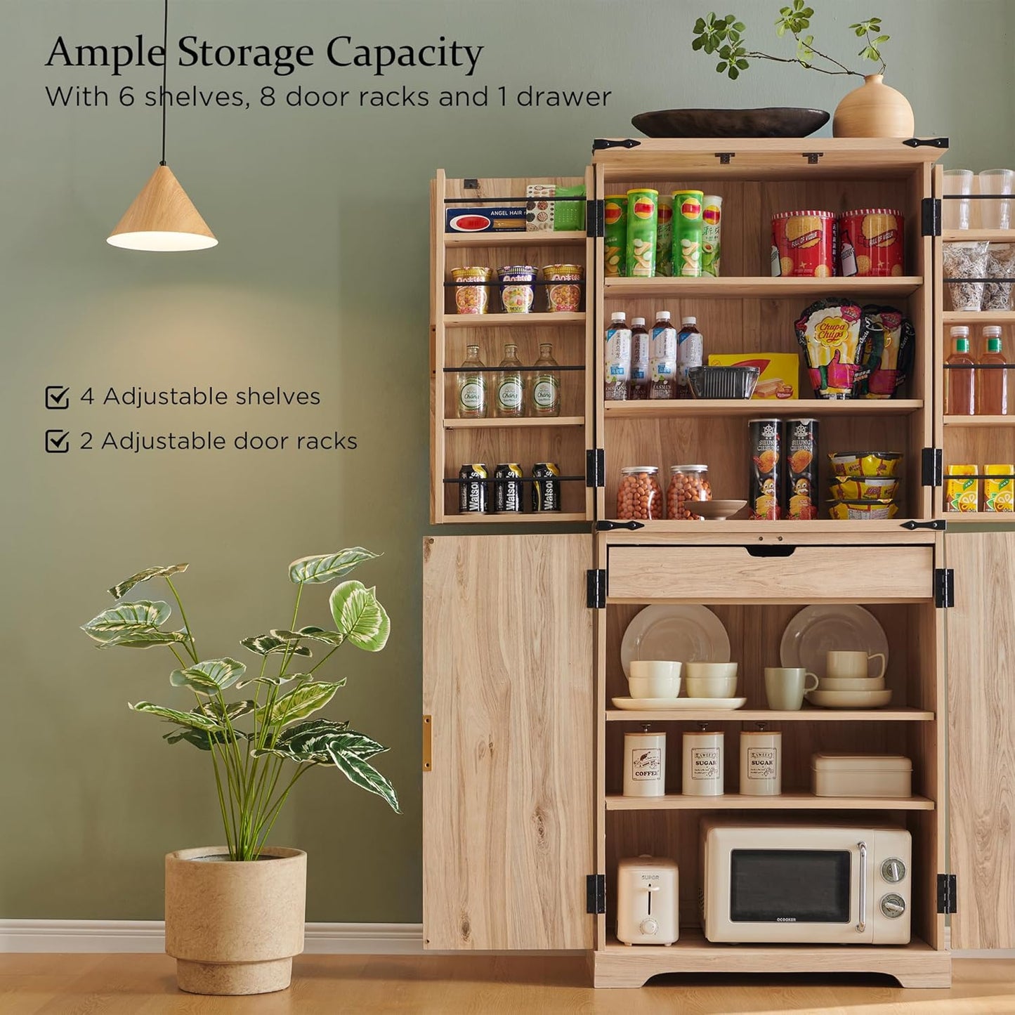 Fluted Pantry Cabinet, 72" Tall Modern Storage Cabinet with 4 Doors, Organizer, Drawer and Adjustable Shelves, Wood Cupboard for Kitchen, Dining Room, Living Room and Bathroom, Natural Oak
