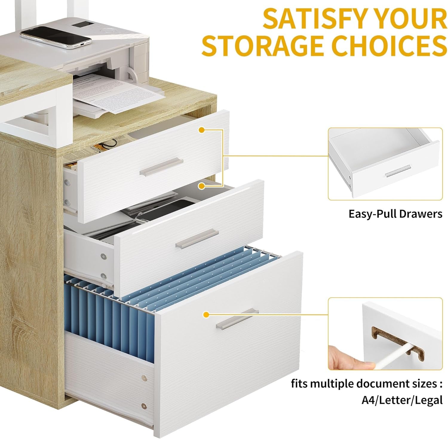 L Shaped Desk with Drawers, 65" Computer Desk with Power Outlets & LED Lights, Corner Home Office Desk with Storage Shelves & Printer Stand, White & Oak