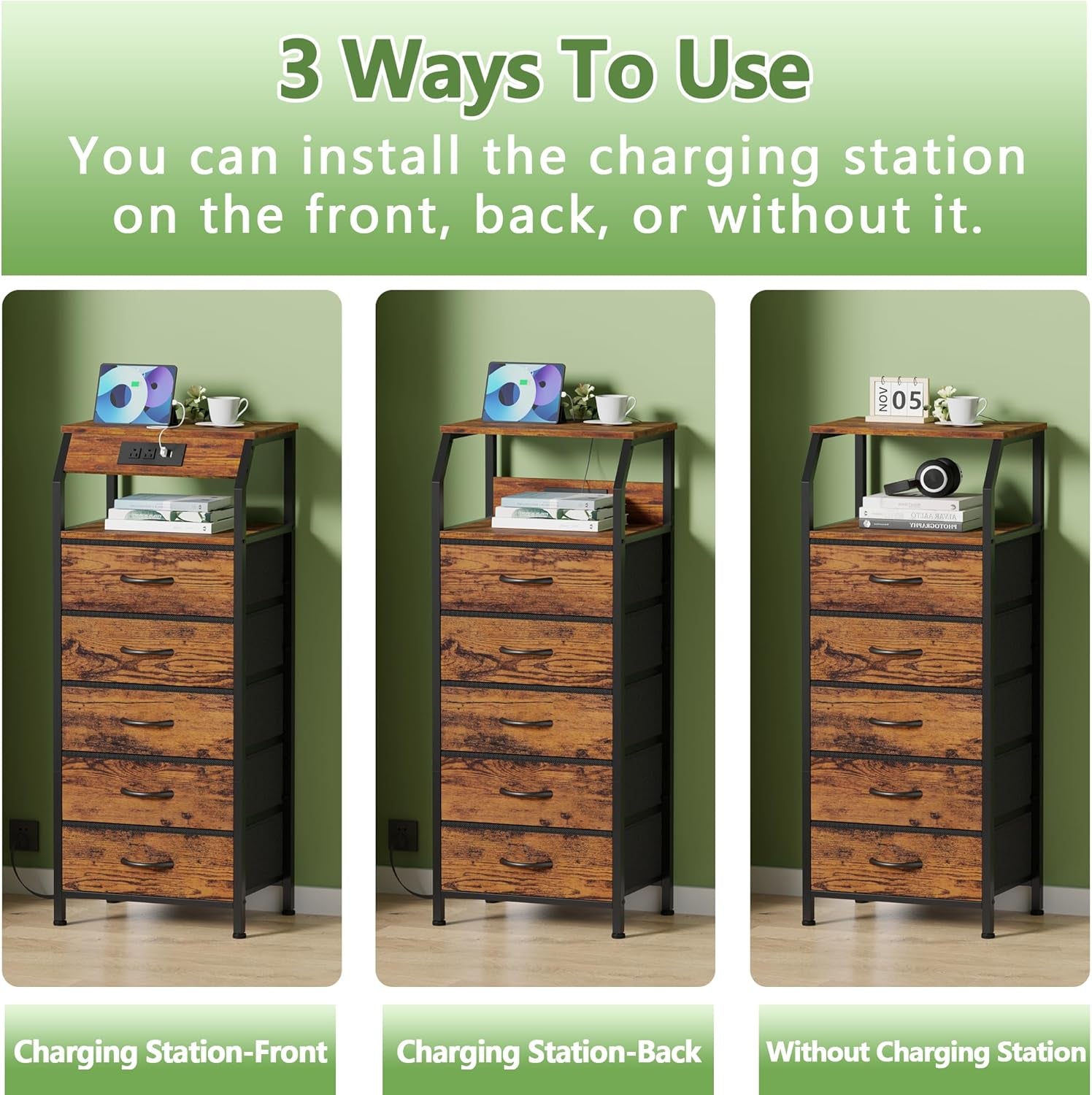 5 Drawers Dresser with Charging Station, Tall Night Stand with Storage Shelf, Fabric Chest of Drawers, Bedside Table for Closet, Entryway, Bedroom Furniture, 3 Ways to Use, Rustic Brown