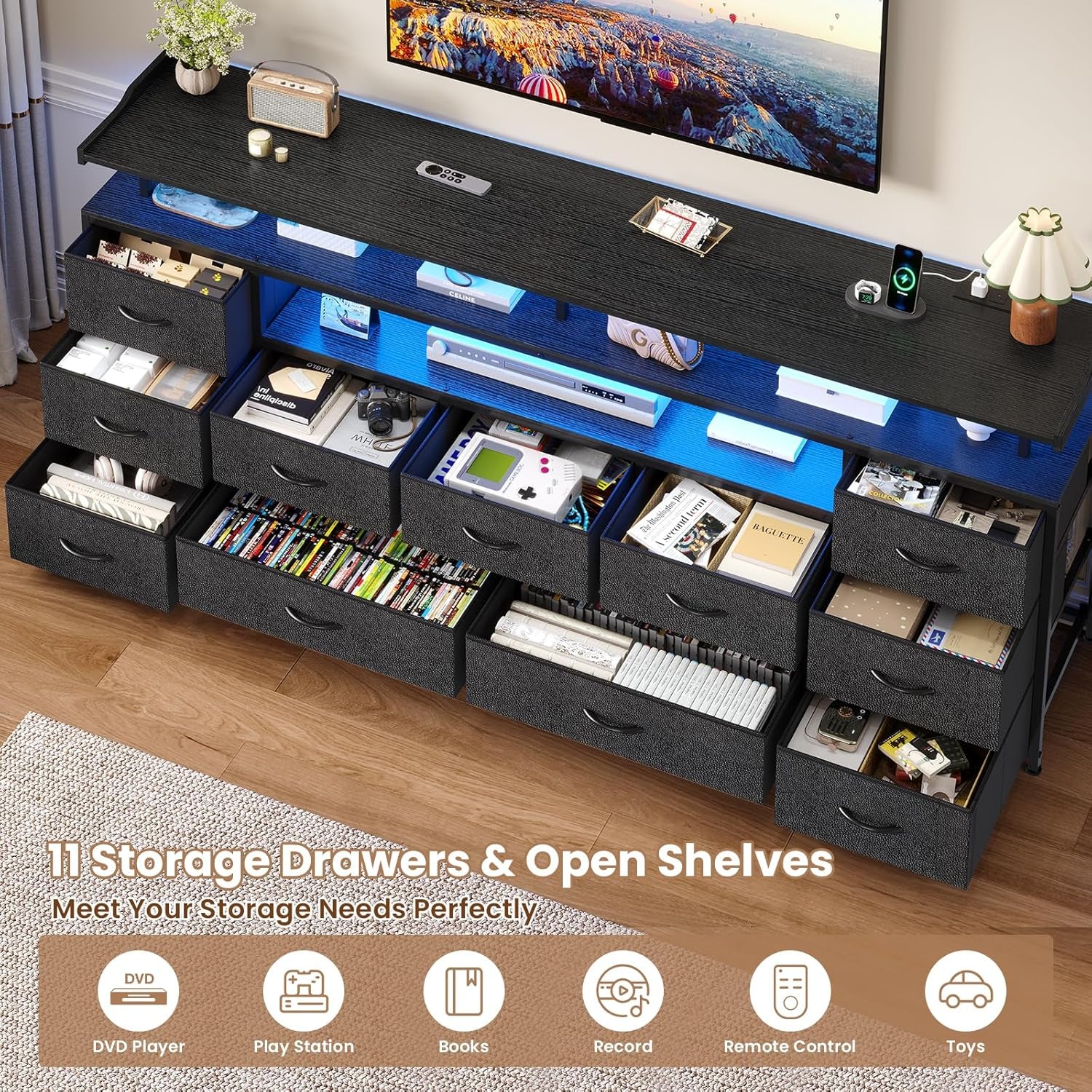 TV Stand for 65 Inch TV, 63" W TV Console Table with LED Lights & Charging Station, Long Dresser with 11 PU Drawers, Large Entertainment Center with Shelves for Bedroom,Black