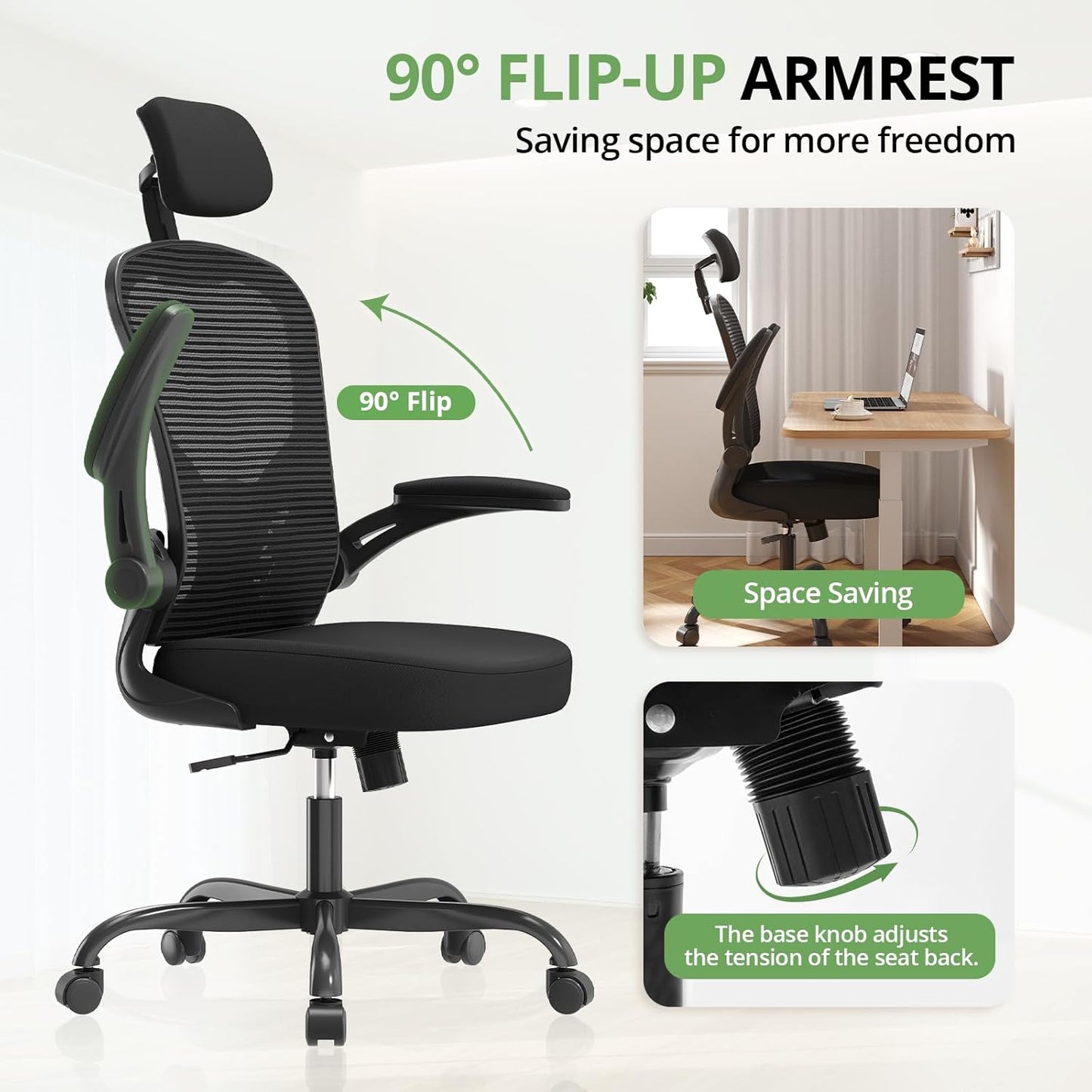 Office Chair Ergonomic Desk Chair, 330LBS Capacity, High Back Computer Chair for Long Hours Comfortable, Rolling Swivel Executive Task Chair for Home Office with Flip-Up Armrests, Black