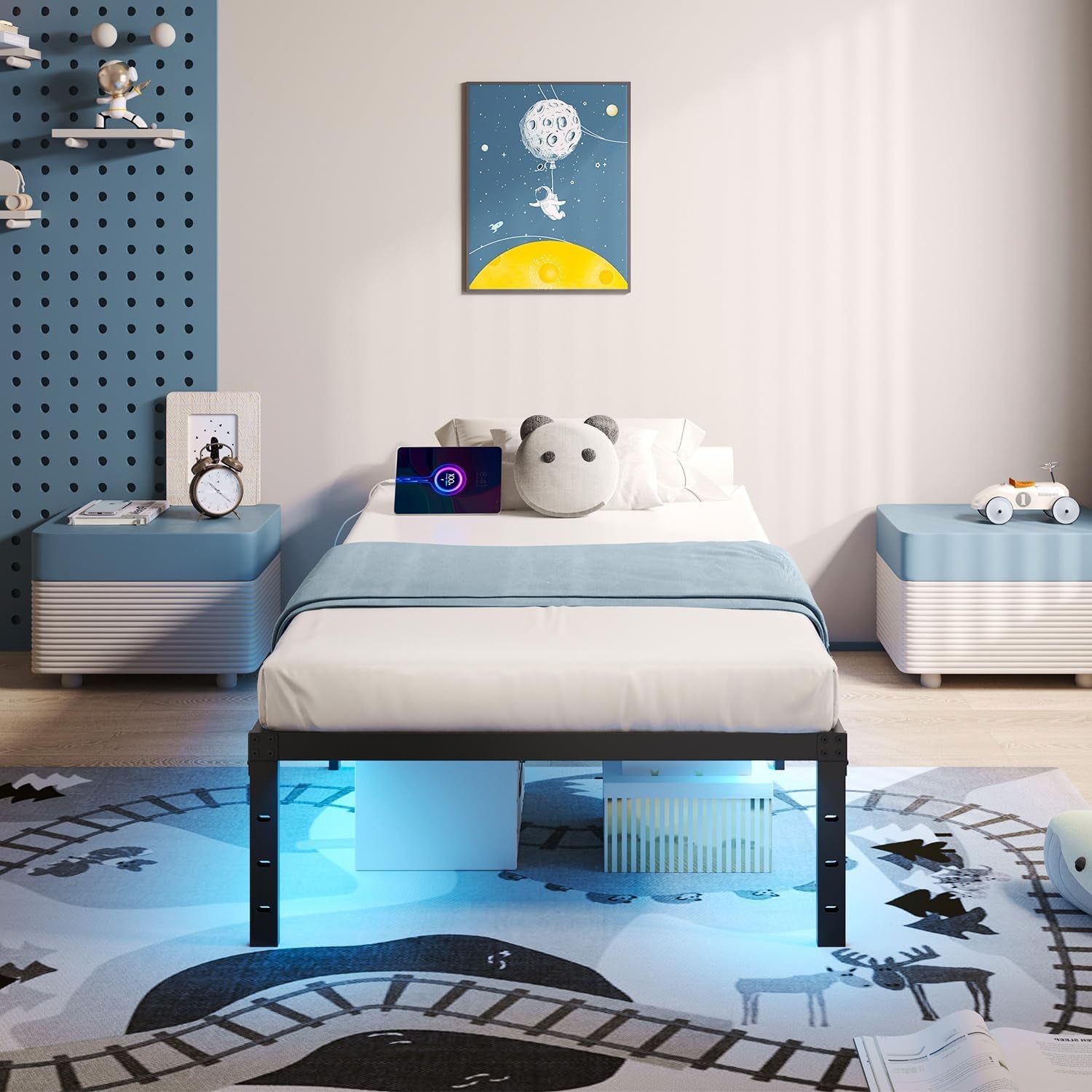 Twin Bed Frame with LED Lights & Charging Station - 14 Inch Heavy Duty Metal Platform Bed Frame No Box Spring Needed, Easy Assembly, No Noise