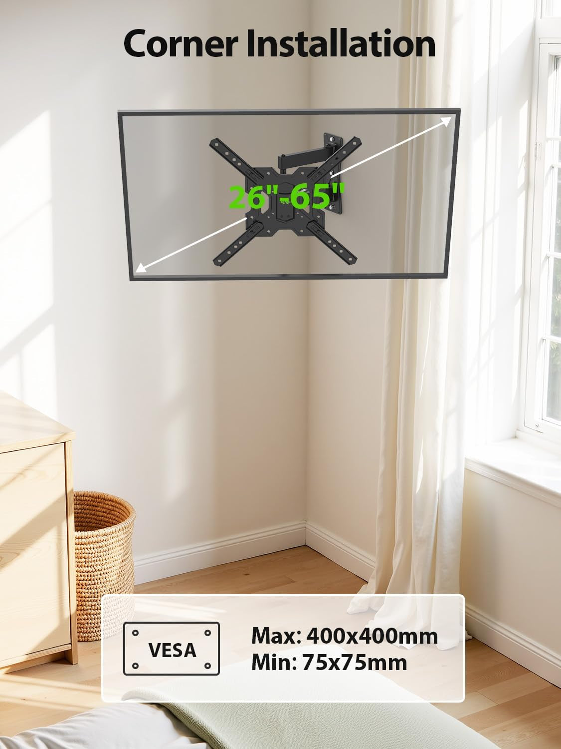 UL Listed Full Motion TV Mount, Swivel Articulating Tilt TV Wall Mount for 26-65 Inch LED, 4K, Wall Mount Bracket with VESA 400X400Mm up to 77Lbs, Perfect Center Design -XMM006-1