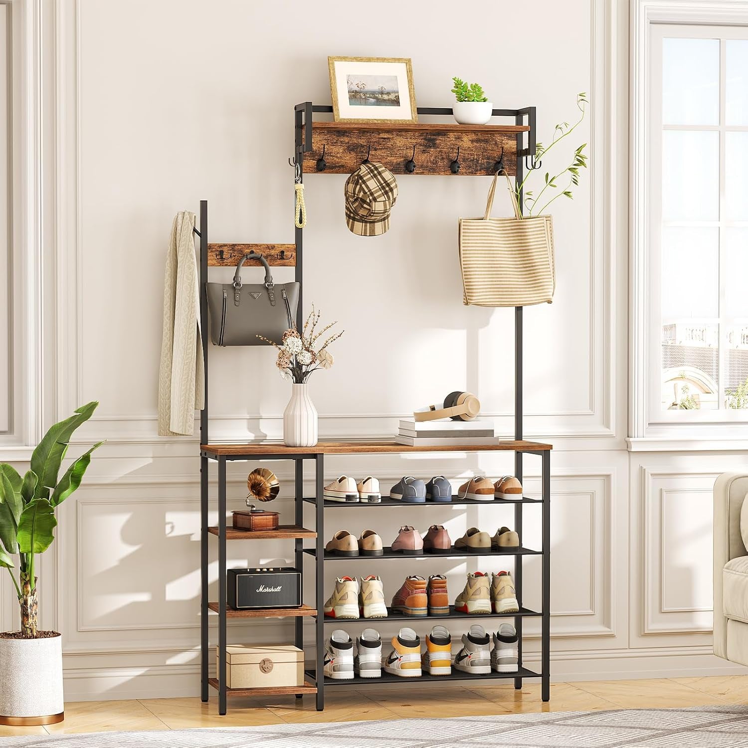 Hall Tree with Bench, Entryway Bench with Coat Rack, Shoe and Coat Rack for Entryway, Coat Rack with Shoe Storage and Reversible Storage Shelves, Rustic Brown BF105MT01