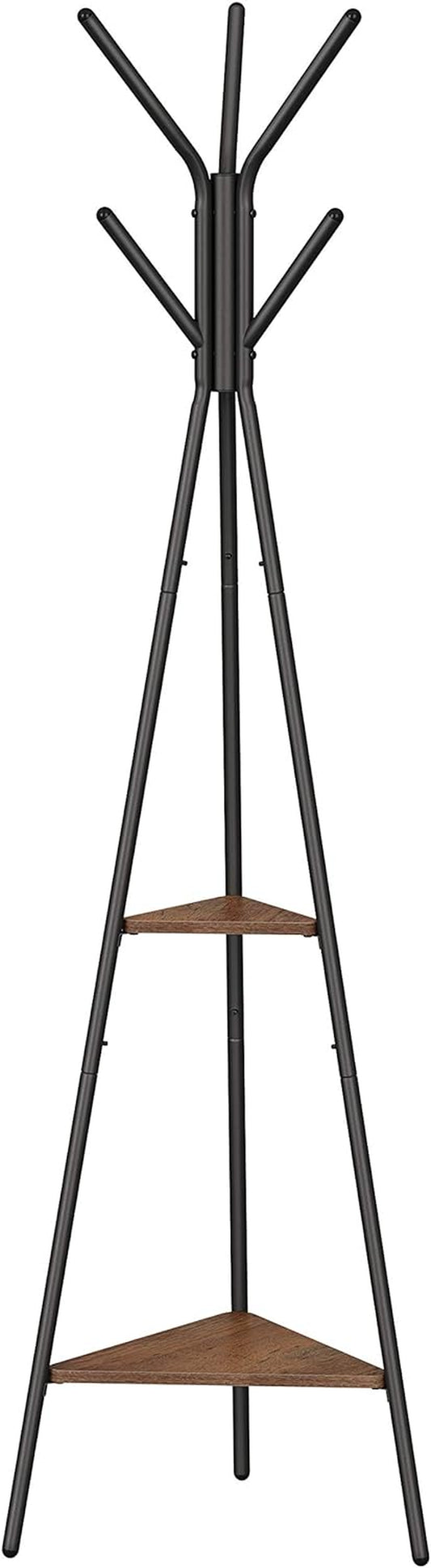 Coat Rack Freestanding, Coat Hanger Stand, Hall Tree with 2 Shelves, for Clothes, Hat, Bag, Industrial Style, Hazelnut Brown and Black URCR016B01