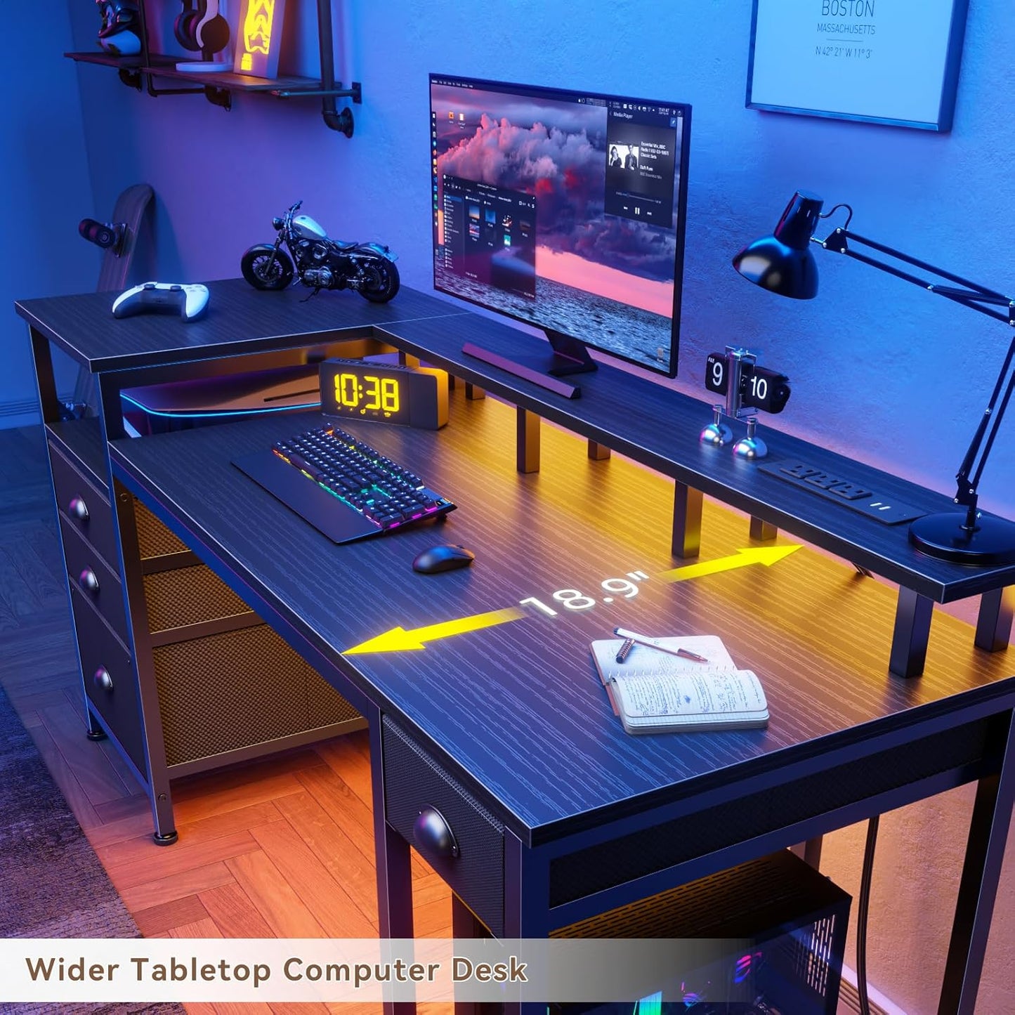 60" Black Computer Desk with 4 Drawers and Printer Space, Gaming Desk with LED Lights and USB Power Outlets, Home Office Desk with Fabric File Cabinet,Study Work Table with Shelf for Bedroom