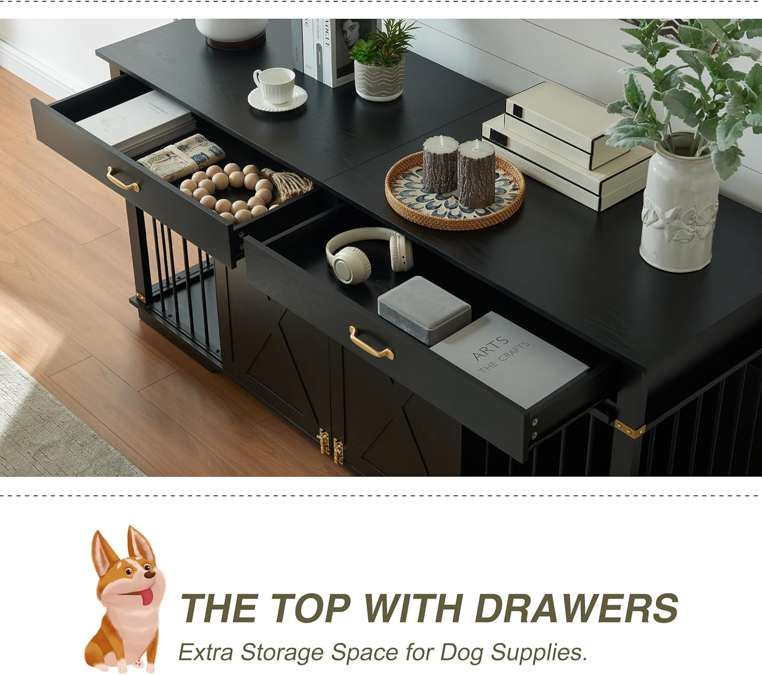 38" Large Dog Crate Furniture with Sliding Barn Door, Wooden Dog Kennel with Drawer for Storage, Water Resistant Indoor Furniture Style Dog Crate for Small/Medium/Large Dog, White