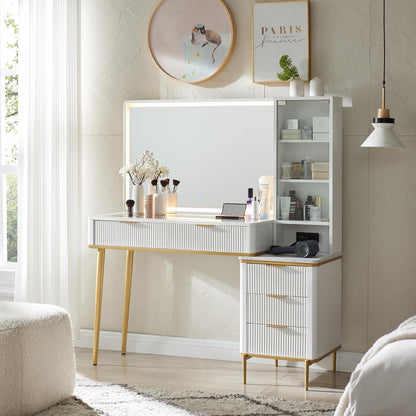Fluted Makeup Vanity Desk with 36" HD Lighted Mirror, 48" Big Modern Vanity Desk with Mirror and Lights, Dressing Table with 5 Drawers & Shelves, Glass Top for Bedroom (Off White)