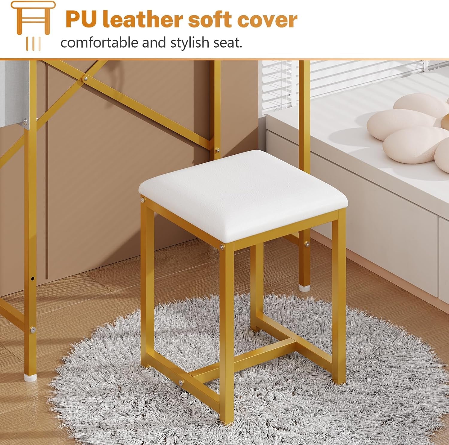 Makeup Vanity Set with 360°Rotating Mirror Amd PU Leather Chair, Compact Small Vanity Desk with Side Pocket for Small Space, Dressing Table for Bedroom, Cheap Gold and White Vanity for Girls and Women