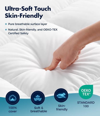 Queen Size Mattress Topper 1 Inch, Plush Polyester Fiber Bed Topper for Soft Support & Pain Relief, 4 Elastic Corner Straps, White
