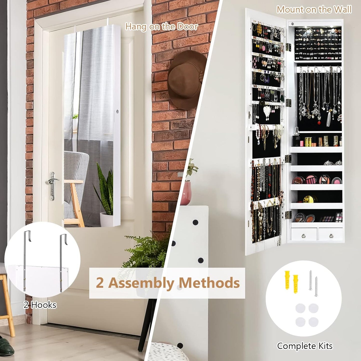 Wall Mounted Jewelry Armoire with Full Length Mirror & 2 LED Lights, Large Storage Capacity, Lockable Mirror Jewelry Cabinet for Women Girls (White)