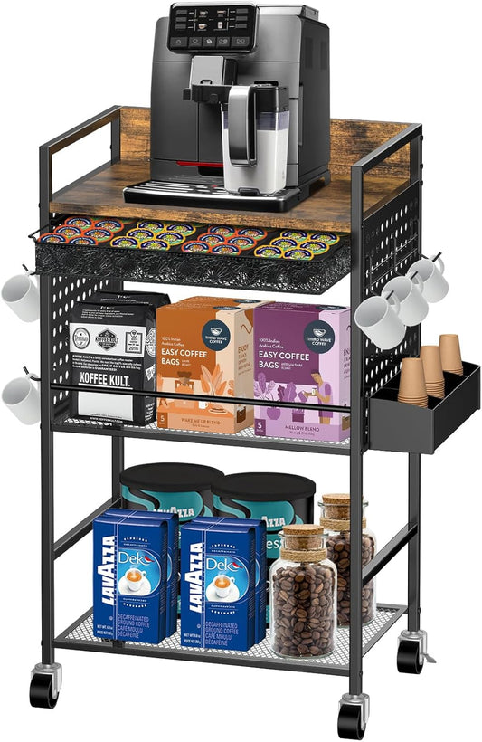Compact Coffee Bar Cabinet with Power Outlet, Lockable Wheels, and Storage Drawer - Rustic Brown & Black for Office, Living Room, or Small Spaces