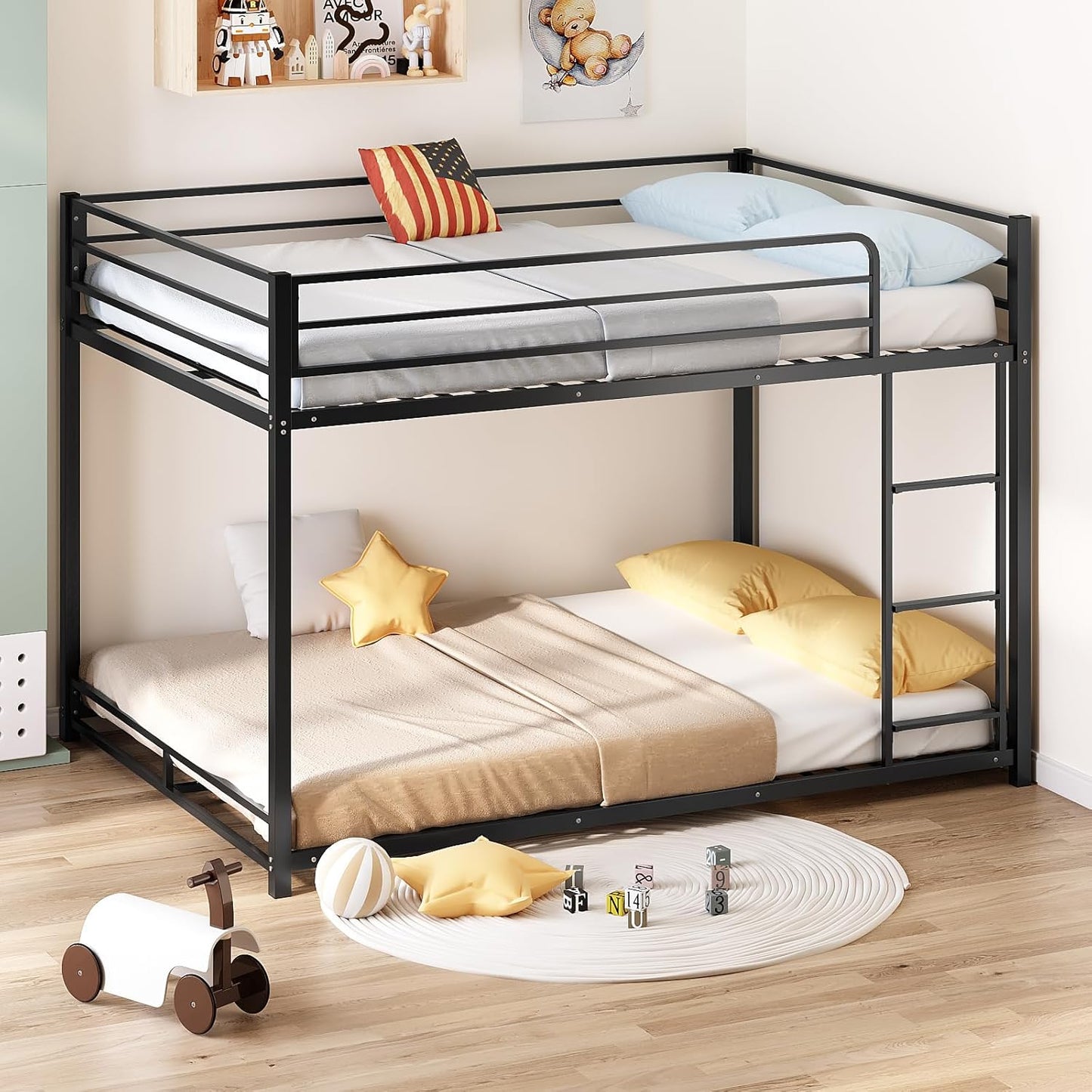 Metal Bunk Bed Full over Full, Twin Size Bed Frame for Boys Girls, Junior, Low Profile Bunk, Space Saving Design, Mattress Not Included (Black)