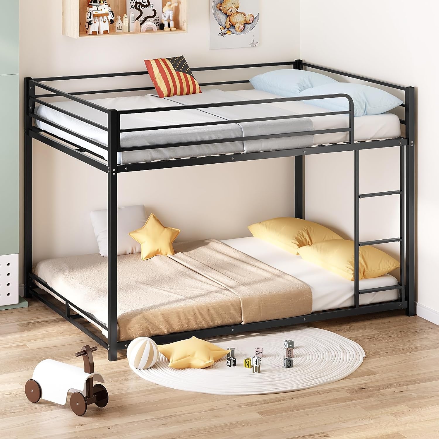 Metal Bunk Bed Full over Full, Twin Size Bed Frame for Boys Girls, Junior, Low Profile Bunk, Space Saving Design, Mattress Not Included (Black)