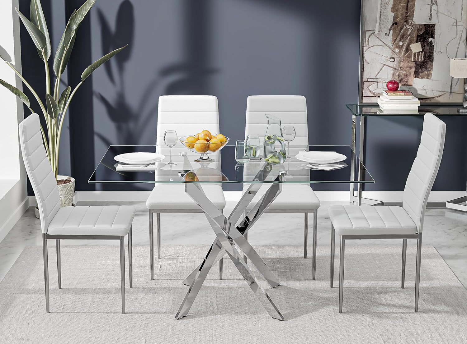 5 Piece Dining Table Table Set, Tempered Glass Dining Table Set for 4 Kitchen Table Set with 4 Upholstered Chairs for Kitchen Dining Room (Sliver Table with White Chair)