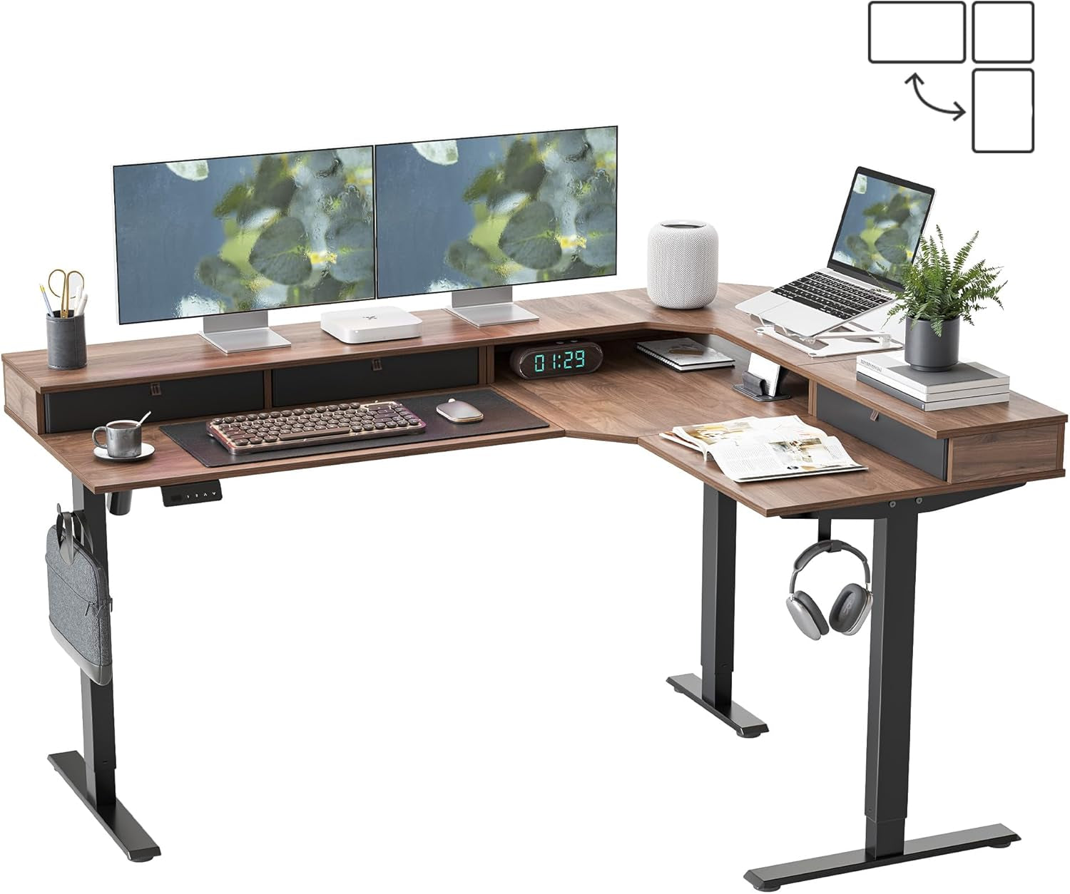 L Shaped Electric Standing Desk, 63X48 Inch Large with Drawers | Reversible Tabletop, 2 Memory Height Settings | Home Office & Gaming Height-Adjustable Table, Black Walnut（2 Packages）