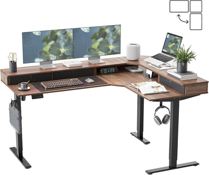 L Shaped Electric Standing Desk, 63X48 Inch Large with Drawers | Reversible Tabletop, 2 Memory Height Settings | Home Office & Gaming Height-Adjustable Table, Black Walnut（2 Packages）