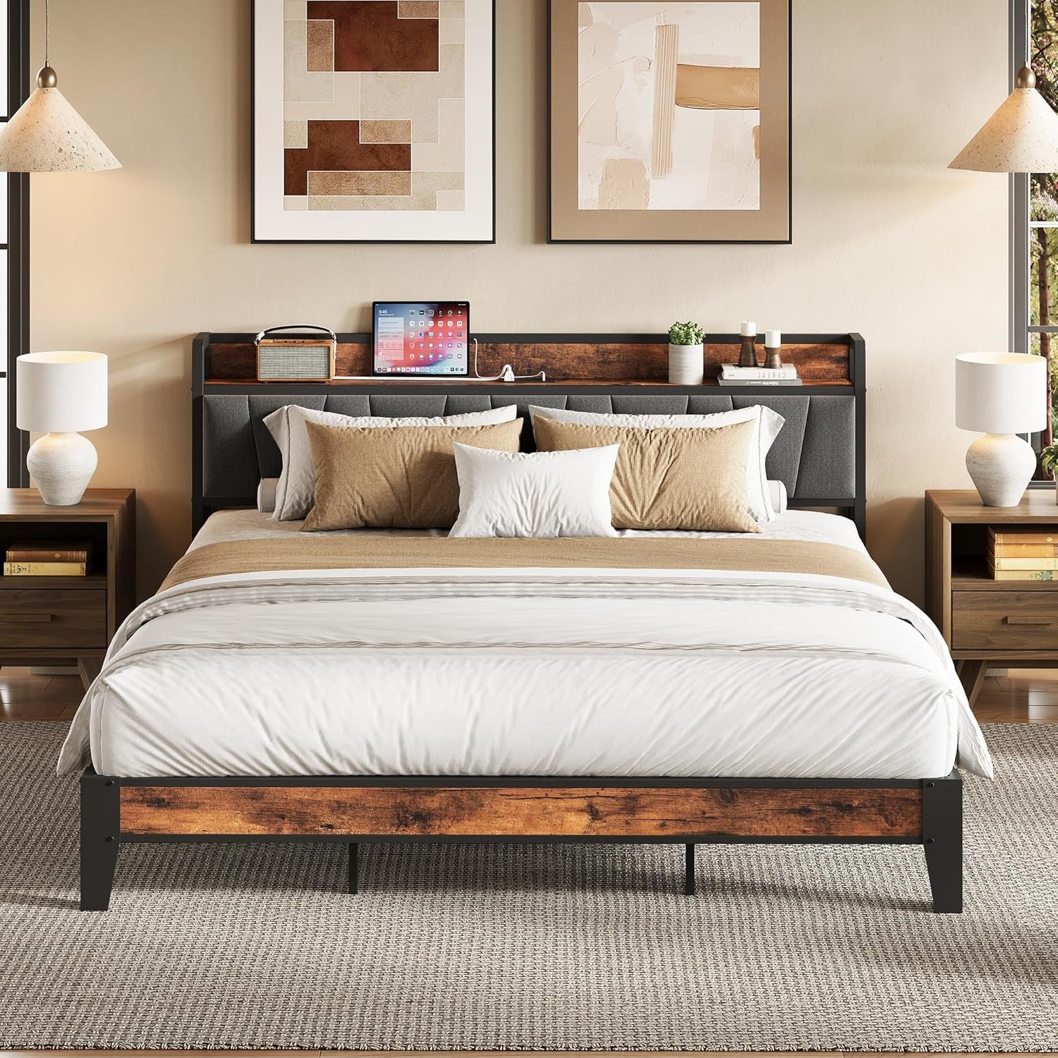 King Size Bed Frame, Storage Headboard with Charging Station, Solid and Stable, Noise Free, No Box Spring Needed, Easy Assembly