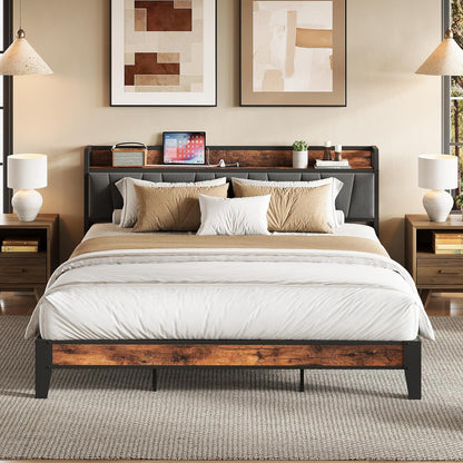 King Size Bed Frame, Storage Headboard with Charging Station, Solid and Stable, Noise Free, No Box Spring Needed, Easy Assembly