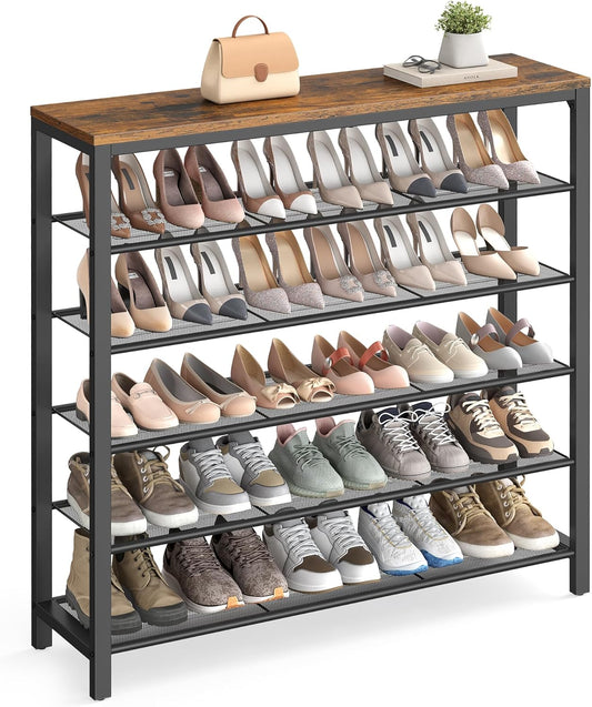 6-Tier Shoe Rack, Shoe Organizer for Closet, Entryway, 24-30 Pairs of Shoes, Large Shoe Rack Organizer with 5 Metal Mesh Shelves, 11.8 X 39.4 X 43.3 Inches, Rustic Brown and Black ULBS016B01