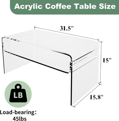 Acrylic Coffee Table, 31.5" Clear Coffee Table with Storage Shelf, Rectangle Centre Table, Modern Coffee Table for Living Room, Office，31.5" L X 15.8" W X 15" H