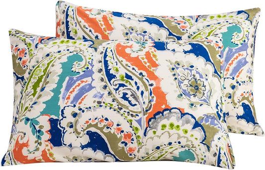 Paisley Pillow Cases Set of 2 King 100% Cotton Boho Floral Pillowcases Decorative Orange Blue Pillow Covers Envelope Closure Protectors Colorful Pillow Sham Luxury Soft 2 Pack 20X36 Inch
