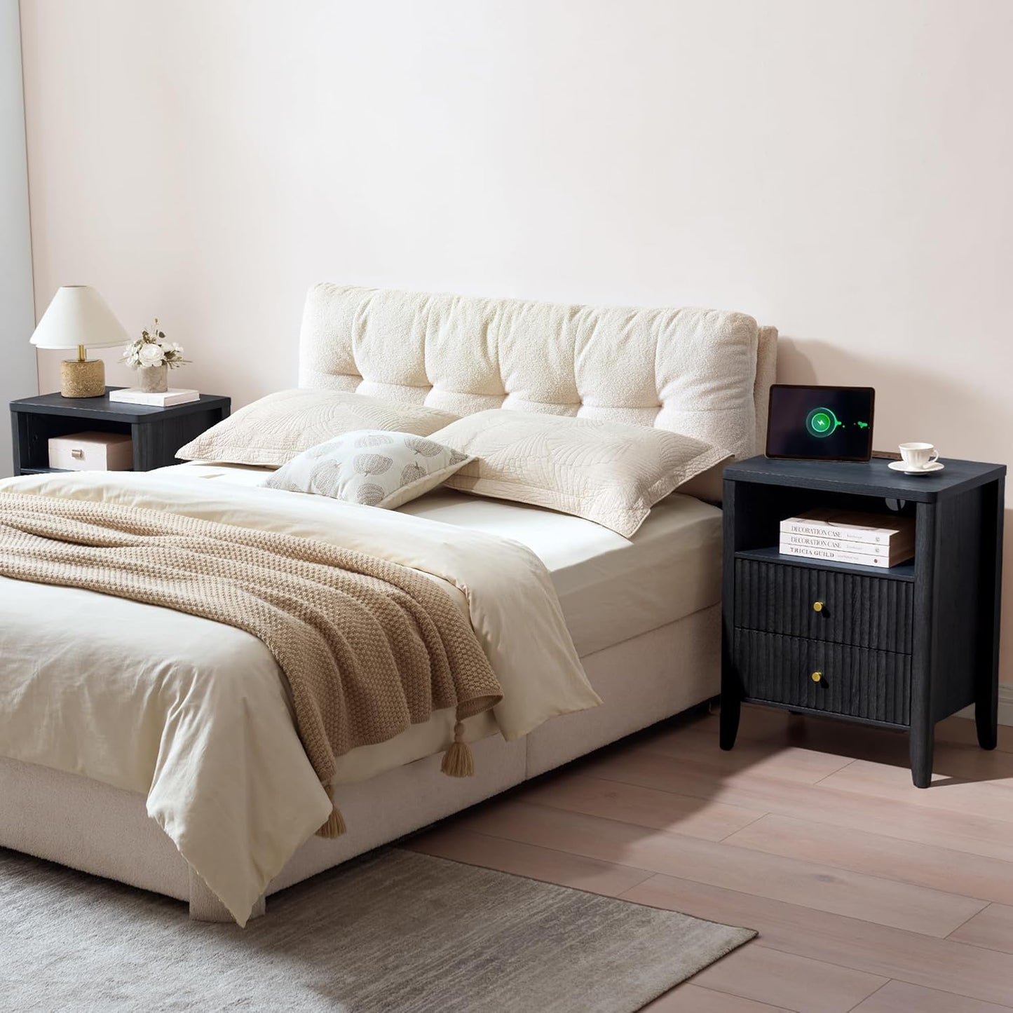 Fluted Nightstand with Charging Station Set of 2, 21" Wide Modern Bedside Table with 2 Drawers & Open Shelf, Wood End Table with Storage & Metal Handle for Bedroom, Small Spaces, Black
