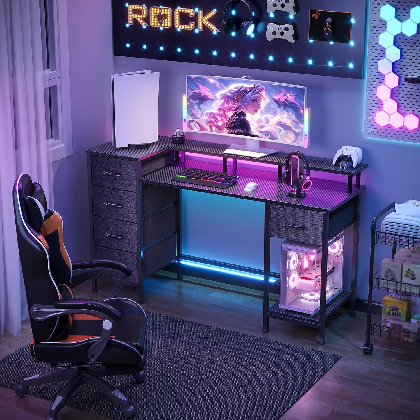 47 Inch Computer Gaming Desk with Power Outlets & LED Lights Reversible Home Office Desk with Adjustable 5 Fabric Storage Drawers for Working Writing Study, Carbon Fiber Black